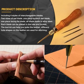 4 in 1 Leather Awl Sewing Punch Wooden Handle Leather Craft Sewing Punch Hole Punch Tool for Leather Hand Sewing