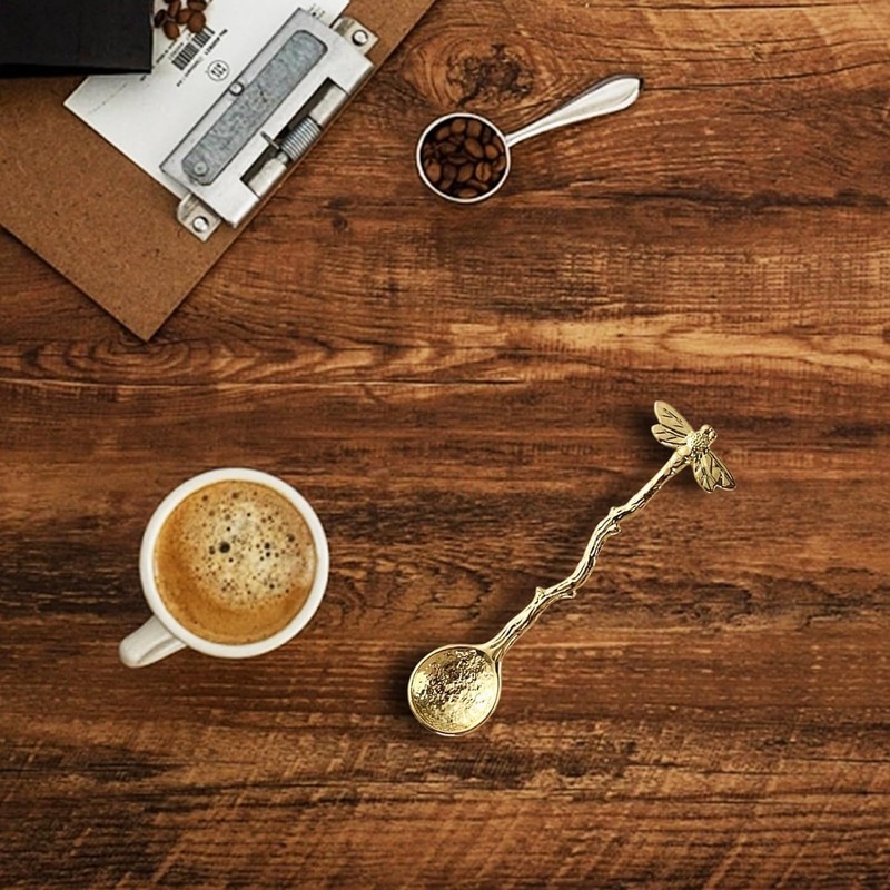 Gold Retro Dragonfly Coffee Spoon Teaspoon Stainless Steel Tableware Creative