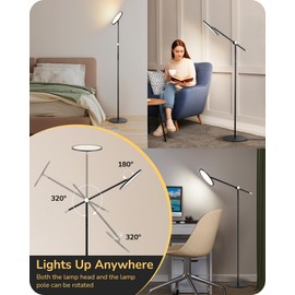 EDISHINE LED Reading Floor Lamp, 1600LM Bright Dimmable Lamp with Type-C Port, Flexible Head & Arm Tall Standing Lamps for Living Room, 3000K-6000K Modern Minimalist Lights for Bedroom, Office, Black