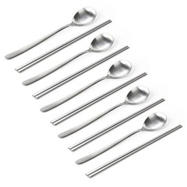 Stainless Steel Cutlery Set of 5: Spoons and Chopsticks, Matte Finish Cutlery, Commercial Use, Couple Korean Cutlery / 스텐 수저 5세트 숟가락 젓가락 무광수저 업소용 부부 한식커트러리