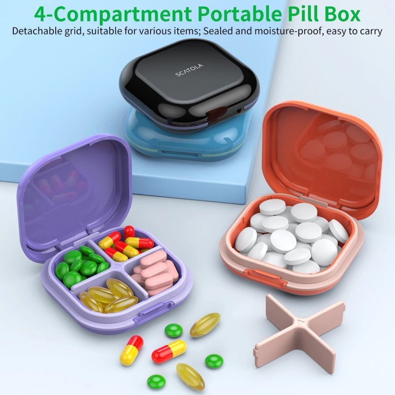 TecQach Daily Pill Organizer 4 Compartments, Small Box Portable Travel