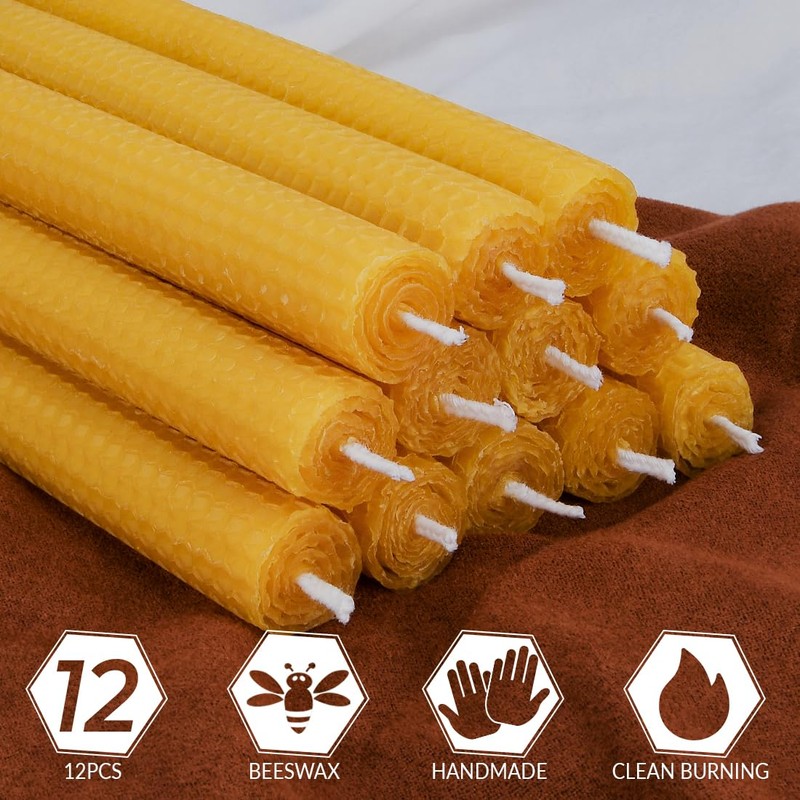 12 PCS Beeswax Taper Candles Hand Rolled - Smokeless Dripless