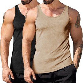 Muscle Killer Men's 2 Pack Workout Tank Tops Gym Muscle Tee Sleeveless Fitness Quick Dry Bodybuilding Ribbed Knit T Shirt Black/Khaki