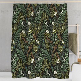 GEYUBTL Black and Green Botanical Shower Curtain Vintage Floral Herbs and Plants Maximalist Bathroom Decor Curtain Dark Cottagecore Shower Curtain Sets 72Wx72H Waterproof Polyester