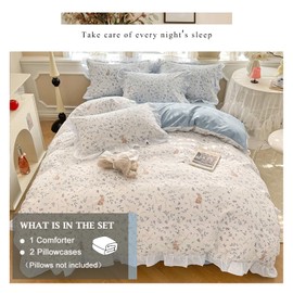 VM VOUGEMARKET Girl's Romantic Ruffle Comforter Set Twin Cute Rabbit Comforter with 2 Pillow Shams Toddler Girls White Lace Bedding Set(3pcs,Twin XL)