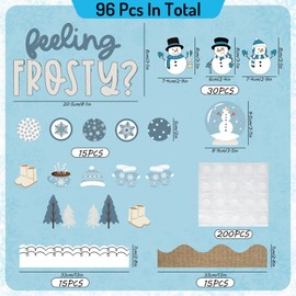 Whaline 96Pcs Winter Snowman Bulletin Board Decor Xmas Tree Snowflake Paper Cutouts with 200Pcs Glue Points Bulletin Border Stickers for Christmas Party Home Classroom Wall Decor