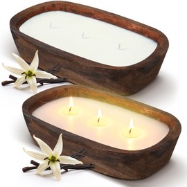 Threlaco 2 Pack Wood Dough Bowl Candle Jar Candle Decorative with Wick Scented Candles Soy Gifts for Men Women Farmhouse Table Centerpiece Home(Vanilla)