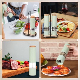 Threlaco Electric Salt and Pepper Grinder Set with 1 Portable Spill Proof Base 2 Packs Battery Operated Salt Pepper shakers with Adjustable Coarseness Light Wheat Straw Grinder for Kitchen(Green)