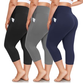 FULLSOFT 3 Pack Plus Size Capri Leggings with Pockets for Women -High Waist Stretchy 1X-4X Workout Yoga Pants(2XL,HHZ)
