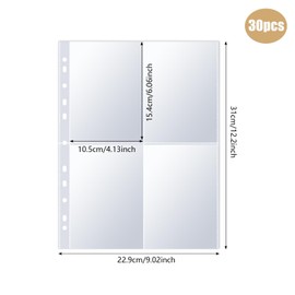 A4 Transparent Photo Envelopes, 30 Pack of 240 Pockets A4 Card Holder Photo Sleeves for 2/3/4 Ring Binders, Transparent Sleeves for Postcards 4 Pockets Photo Album Refill Pages