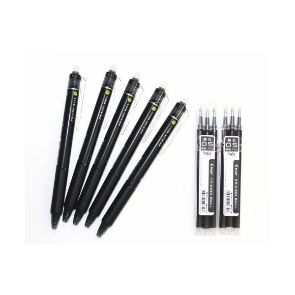 Pilot Frixion Ball Knock Retractable Erasable Gel Ink Pens,fine Point, - 0.5 Mm - Black Ink- Value set of 5 & 6 Gel Ink Pen Refill Pack