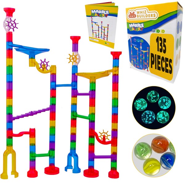 Marble Run Sets Kids Activities - 135pcs Translucent Race Maze Track Games - Fun Glow in Dark Glass Marbles Galaxy - Indoor Educational Learning Building Construction STEM Toy Gift Boy Girl All Ages