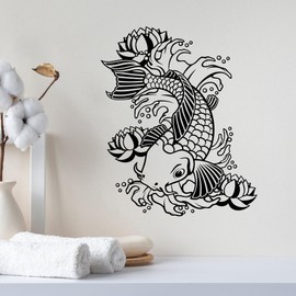 Vinyl Wall Decal Koi Japanese Fish Zen Water Lily Flowers Asian Style Meditation Stickers Large Decor (1283ig) (XL 45 in X 56 in)