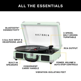 Victrola Journey Bluetooth Portable Suitcase Record Player – with Built-in Speakers, 3 Speed Vinyl Record Player, RCA Out, Headphone Jack (Magenta)