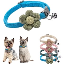 Small Dog Collar with Bell,Green Flower Cat Collar Suede Girl Cute Fancy Boys Puppy Collar with Bells for XXS XS Tiny Little Kitten Pet Female Dogs,Neck 8-12 Inch (Blue, Neck 8-12")