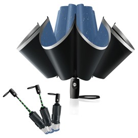 Trenovo Reverse Folding Umbrella Multi-Section Telescopic Anti-rebound Design, with Reflective Strips, Windproof & UV Protection Automatic Inverted Umbrellas for Travel, Commute, Daily Use-Navy Blue