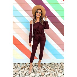 PRETTYGARDEN Women's Casual Long Sleeve Jumpsuit Crewneck One Off Shoulder Elastic Waist Stretchy Romper (Wine Red,Medium)