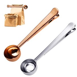 2PCS Coffee Scoop with Bag Clip, Stainless Steel Coffee Measuring Spoon Ground Coffee Sealer for cafetiere Ground Coffee and Beans(Silver+Rose Goldï¼