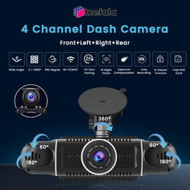 Inefala 4-Kanal-Dashcam, 360-Grad-Dashcam 1080Px4 vorne und hinten innen Links rechts, Autokamera mit 64-GB-Karte – WLAN, Loop-Aufnahme, G-Sensor, Nachtsicht, Parküberwachung, Rückfahrassistent