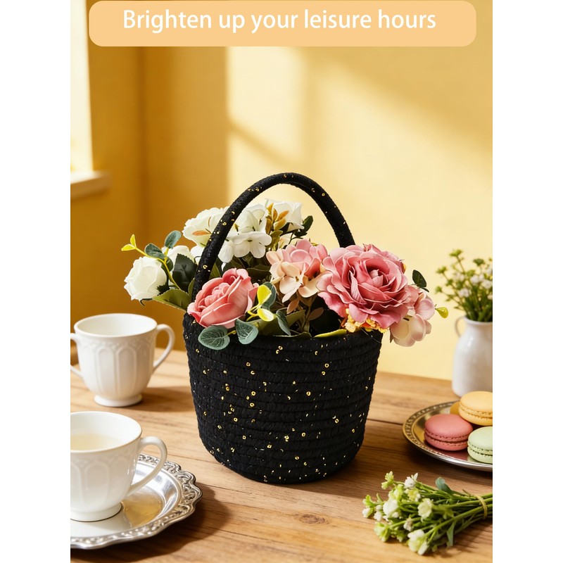 Prudance Small Woven Cotton Basket with Sparkly Gold Sequins, 6"x5",Black