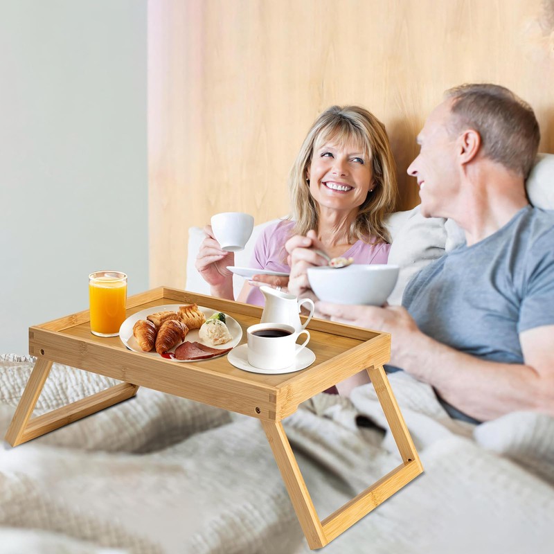Kaukinye Bamboo Bed Tray Table with Foldable Legs, Breakfast Tray,