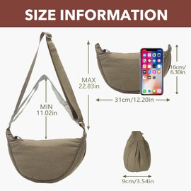 LOCCY Women's Half Moon Crossbody Shoulder Bag, Hobo Halfmoon Bag, Plain Nylon Crossbody Bag, Women's Half Moon Shoulder Bag with Adjustable Shoulder Strap for Women Travel, coffee