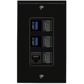 RiteAV 3 Port HDMI 2 Port USB 3.0 1 CAT6-RJ45 Wall Plate - 1 Gang [Black/Black]