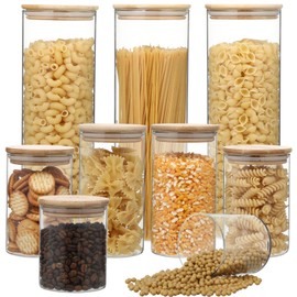 Eclawen Glass Storage Jars Set with Airtight Bamboo Lids, 3pcs75oz & 2pcs 29oz & 2pcs 23oz& 2pcs16ozRound Glass Containers for Kitchen Organization, Pantry Storage, and Seasonings (9pcs)
