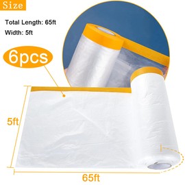 LOSYHU 6 Pack Protective Masking Film with Tape 5 x 65 Ft Car Painters Plastic Sheeting Roll Tape and Drape Masking Film for Automotive Painting Covering Frames, Furniture, Auto Body