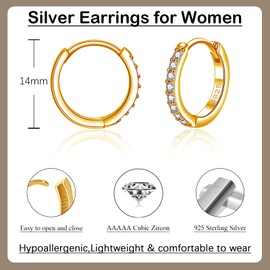 Zolkamery Hoop Earrings 925 Silver, Women's Hoop Earrings with 5A White Cubic Zirconia, 925 Sterling Silver Hoop Earrings for Women Girls Men, Small Neutral Sleeper Cartilage Hypoallergenic Earrings