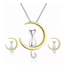 KS Collar De Plata S925 Luna Gato Colgante Regalo Para Pareja