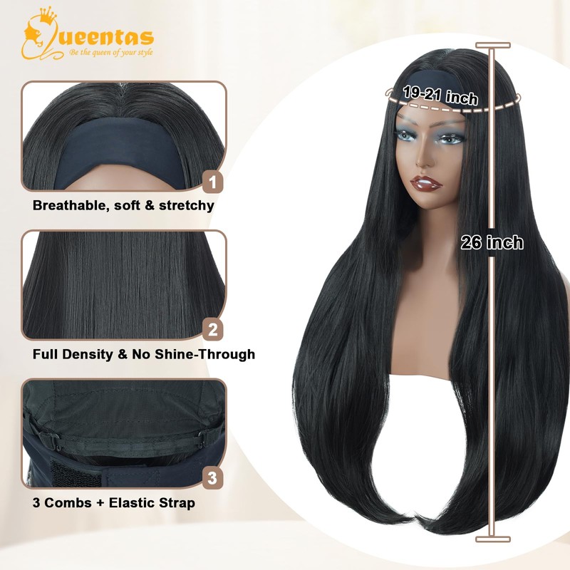 26 IN Straight Headband Wig for Black Women Synthetic Hair