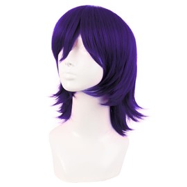 MapofBeauty 14 Inches / 35 cm Short Cosplay Anime Wig with Pony Wolf Tail Synthetic Hair Fibres for Parties Wig (Dark Purple)