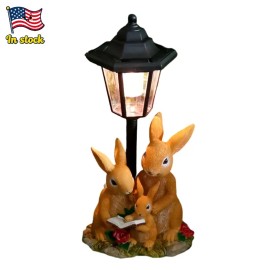 Solar-Powered Bunny Family Reading Statue with LED Lantern and Roses, Charming Landscape Lighting CraftColor: As picture, Size: One Size