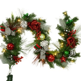 Adeeing 6 FT Christmas Garland with Lights, Pre-lit Outdoor Garland with Battery Operated 20 LED Lights, Holiday Garland with Stars, Flower, Berry Branches(Red and Green)