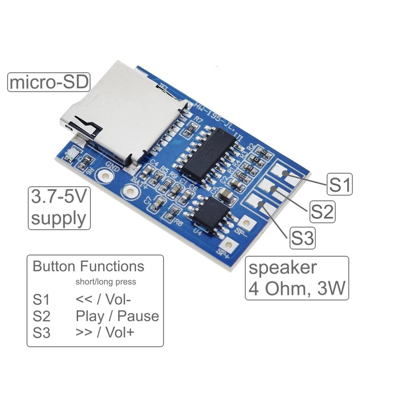 MP3 Player Module GPD2846A with microSD Slot and Audio Amplifier