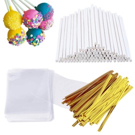 AENTGIU 300 PCS Cake Pop Sticks and Wrappers Kit, Including 100ct 6-inch Paper Lollipop Sticks, 100ct Clear Candy Treat Bags Parcel, 100ct Gold Twist Ties for Cakepop, Lollipop, Hard Candy, Suckers, Chocolate