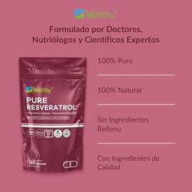 Wellthy Pure Resveratrol 180 Cápsulas. 1200mg por Porción, 90 Porciones por Envase, VCaps Cápsulas Veganas, Bottle Free.