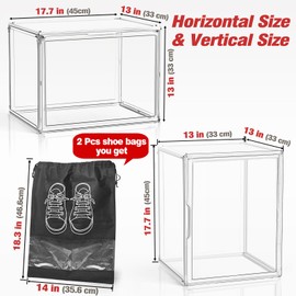 Extra Large Acrylic Display Case, Clear Shoe Box with 2 Shoe Bags XXX-Large Boots Storage Stackable Shoe Rack for Closet Sneaker Handbag Collectibles Organizer with Magnetic Door, 1 Pack