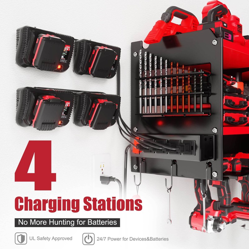 Spampur Power Tool Organizer Wall Mount with 4-Outlet Power Strip,