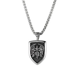 Flongo Men's Necklace Men's Pendant Necklace Rosary Chain Silver with Saint Michael The Archangel Shield Men's Accessories, Stainless Steel, Michael