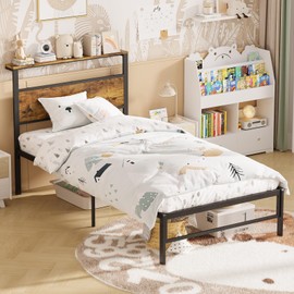 Weehom Twin Bed Frames with Headboard Shelf - Modern Twin Size Bed Frames with Wood Headboard, No Box Spring Needed Metal Platform Bed, Rustic Brown