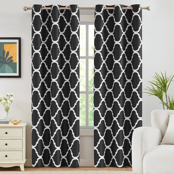 Melodieux Moroccan Fashion Thermal Insulated Room Darkening Blackout Grommet Curtains for Living Room, 42 by 96 Inch, Black (2 Panels)
