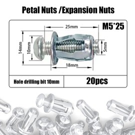 Coffee Life Plus® Pack of 20 Expansion Screw Petal Nuts, Jack Nuts, M4, M5, M6, M8 Thin Fixings Dowels, Hollow Mounting Material Screws Assembly (M5 x 25 mm (20 Pieces))