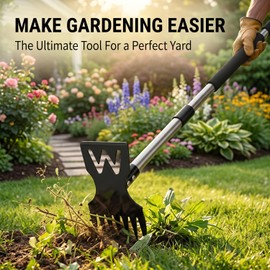 AOKALA 60" Weed Puller Tool with Long Handle, Heavy Duty 2-in-1 Stand Up Weeding Tool & Garden Hoe, Manual Weed Remover and Hand Rake for Yard, Lawn, Patio Gardening