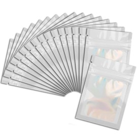 100 Pcs White Mylar Bags 2.7x3.9 Inch with Clear Window - Holographic Resealable Foil Pouch Packaging for Food Storage, Jewelry, Lip Gloss, and Small Business Use