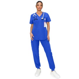 Minty Mint Women's Stretchy Scrubs Sets w Contrast Draw String Jogger Pants Royal Blue XL