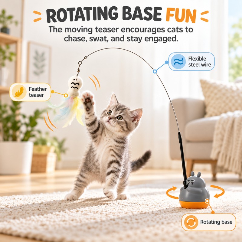 Rotating Base Cat Teaser Wand for Indoor Play – Long