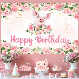 Wonmelody Pink Pig Happy Birthday Decorations Pig Birthday Backdrop Banner Farm Animal Piggy Birthday Backdrop Banner Floral Pink Piggy Head Birthday Decor for Pink Farm Theme 1st 2nd Birthday (5.3ft)