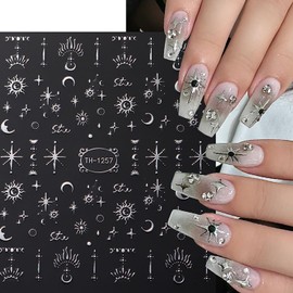 TBRZTR 6 Sheet Silver Nail Art Stickers Decals 3D Self-Adhesive Vintage Sun Nail Decals Self-Adhesive Nail Art Supplies Butterfly Moon Stars Nail Accessories for Women Manicure Decorations Design